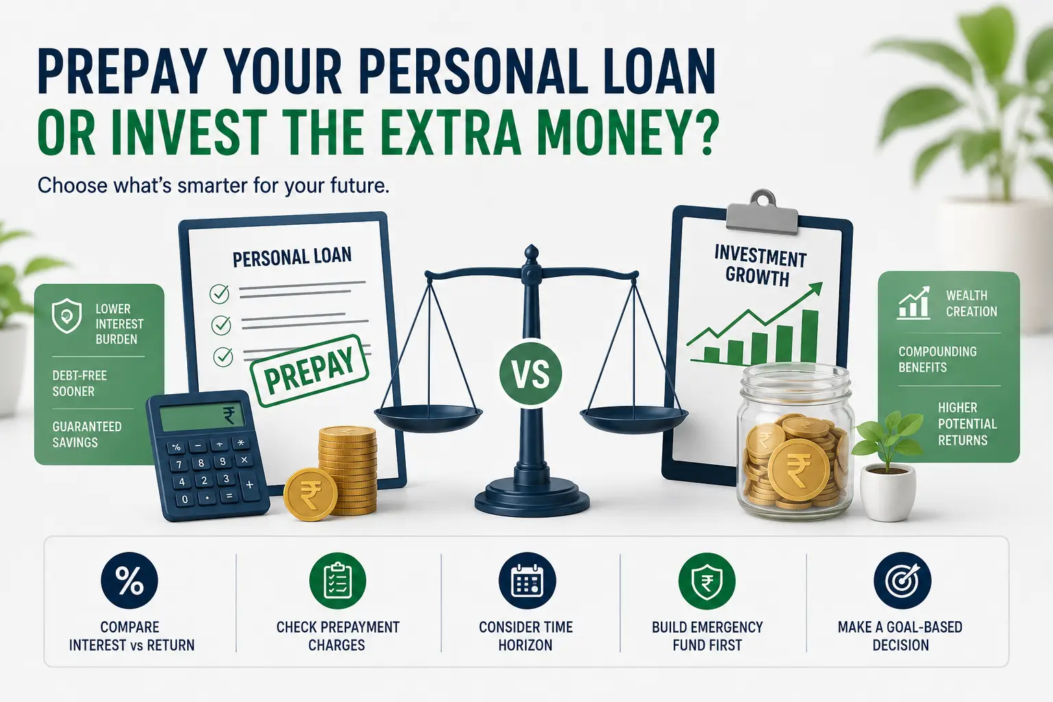 Diagram comparing prepaying a high-interest personal loan versus investing the lump sum in mutual funds