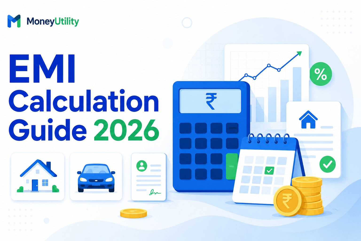 Sleek financial illustration showing digital calculator, charts, interest trends and Indian Rupee symbol